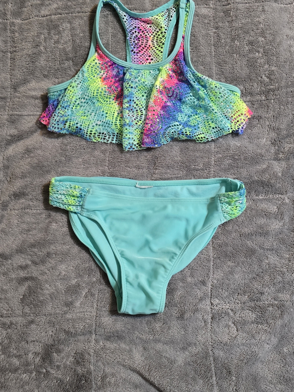 Aqua Ruffle Bikini Set with Multicolor Crochet Overlay for Girls